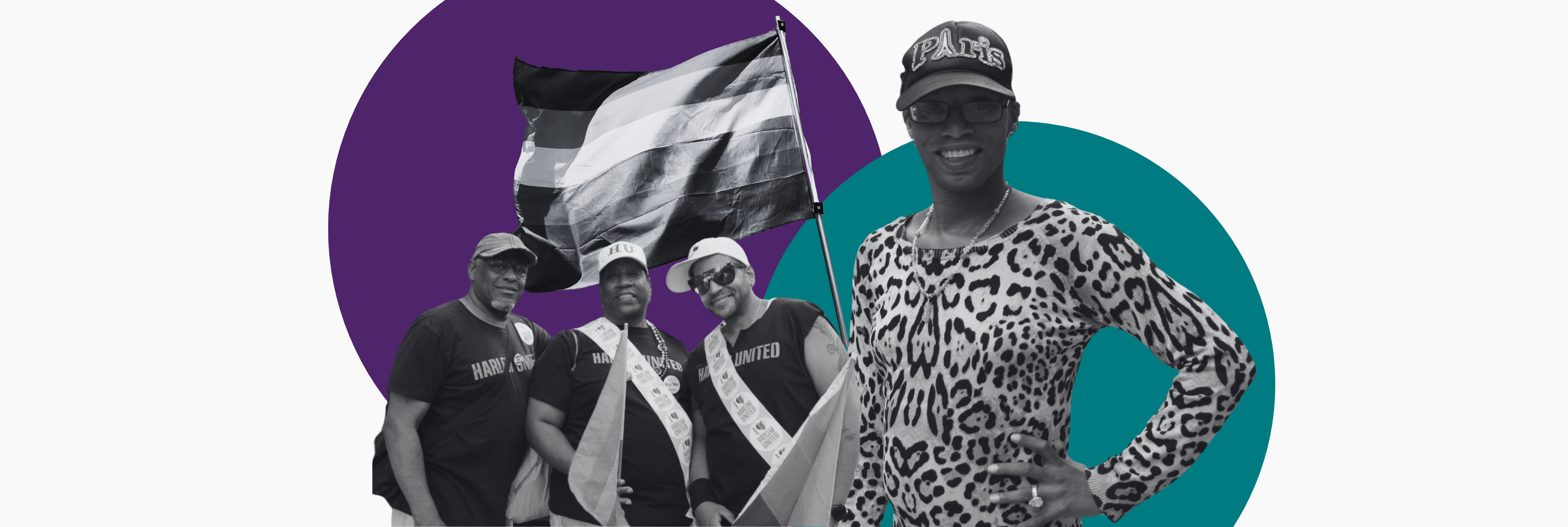 Collage featuring Shakira, Harlem United clients at the NYC Pride Parade, and a pride flag